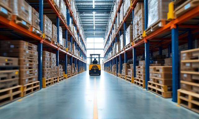 Organized warehouse racks with automated equipment