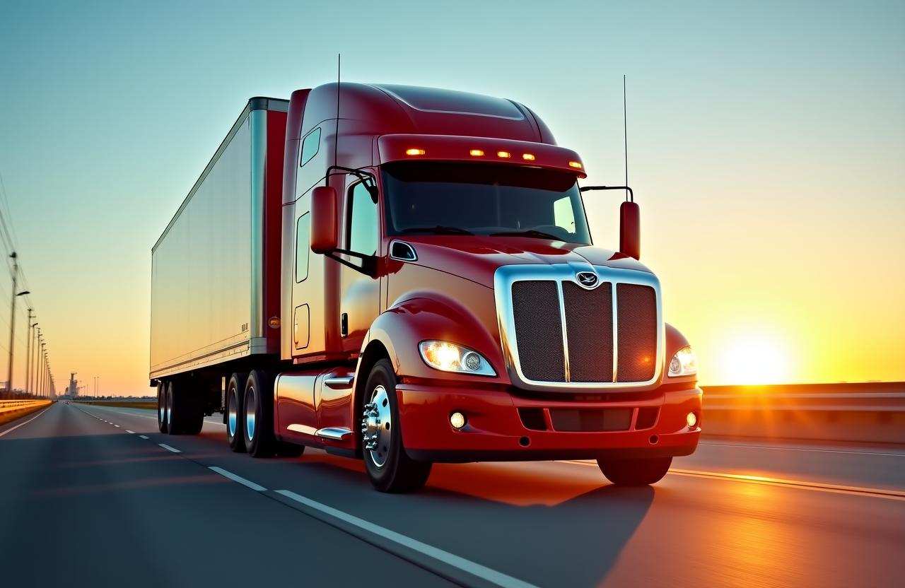 A large semi-truck driving purposefully on a vast open highway at sunset